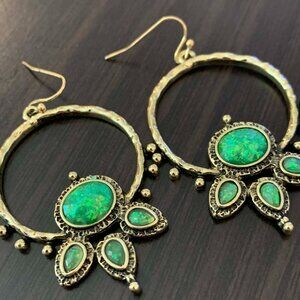 Gold Green Gemstone Lotus Flower Earrings